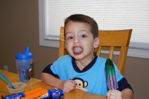 A Superhero popsicle from his friend Avery